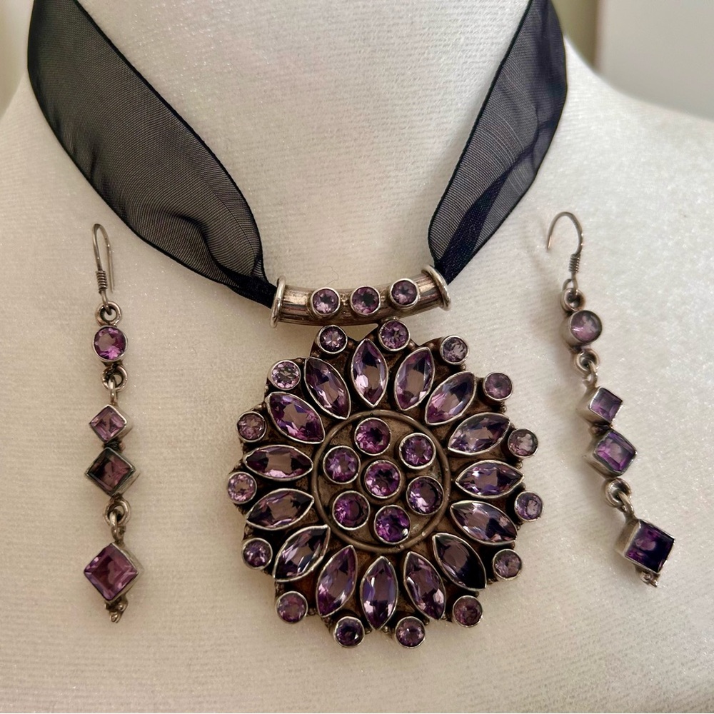 Artisan Sterling Silver Amethyst Pendant Set/ Drop Earrings GORGEOUS